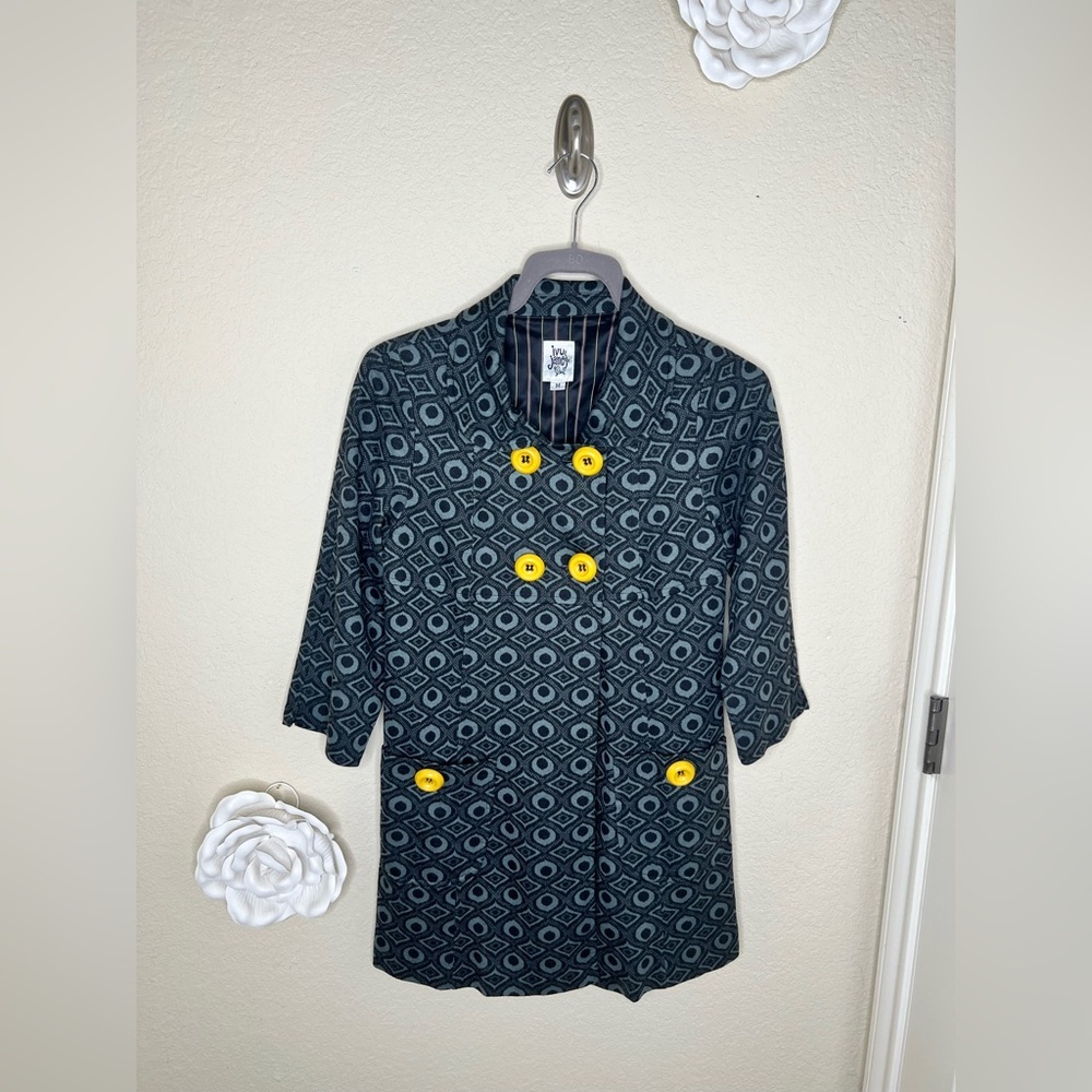 NTM: Ivy Jane Double Breasted Knit Jacket Geometric Print Yellow Buttons Size M
